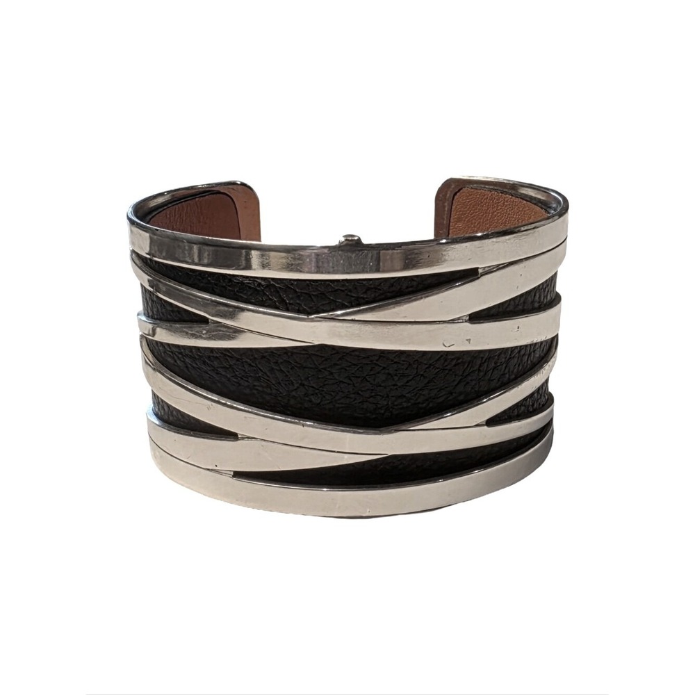 Brighton Christo Meridian Wide Black Orange Leather‎ Cuff Bracelet Silver Wrap